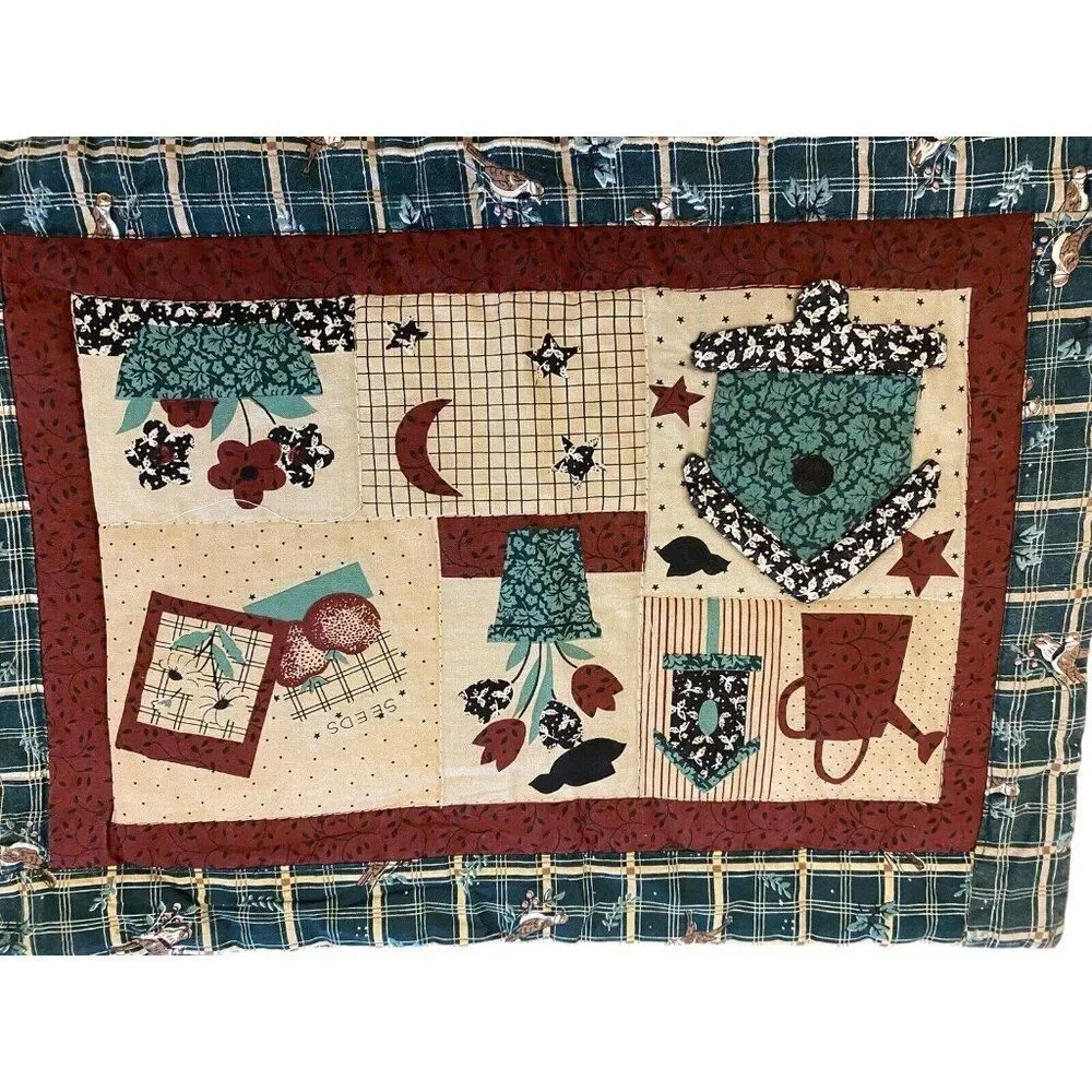 Set Of 3 Quilted Table Placemats With Country Birdhouse Design & Plaid Backing